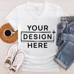 Bella Canvas 3005 Maquette blanche à col en V, Bella Canvas 3005, Maquette de tee-shirt à manches courtes en jersey unisexe, T-shirt blanc à col en V, Maquette Boho, Maquette moderne