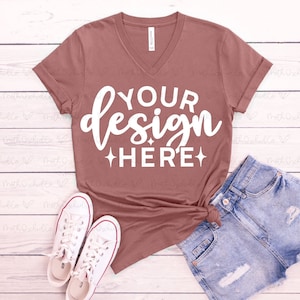 Bella Canvas 3005 Heather Mauve V Neck Mockup, Bella Canvas 3005, T-shirt Mock Up, Mauve V-Neck T-Shirt, Flat Lay Mockup, Styled Mockup