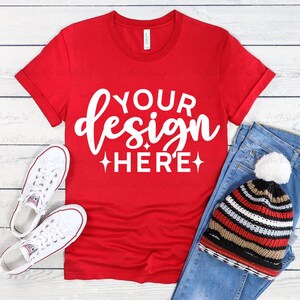 Bella Canvas 3001 Red Mockup,Winter Bella Canvas 3001, T-Shirt Mockup,Czerwony 3001 Mockup,Czerwona koszulka Mockup,Unisex Jersey Short Sleeve Tee Mockup