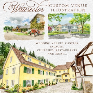 Puede incluir: Ilustraciones en acuarela de lugares personalizados, incluyendo un edificio de piedra con un tractor rojo, una gran casa blanca y un edificio amarillo con contraventanas verdes. El texto dice "Custom Venue Illustration" y "Wedding Venues, Castles, Palaces, Churches, Restaurants and More..."