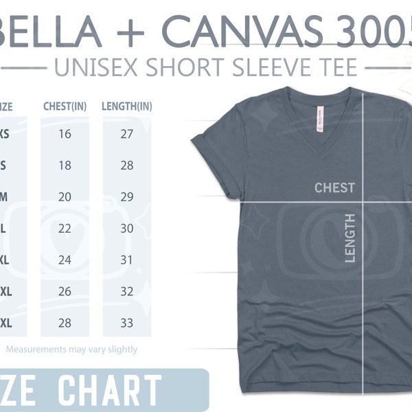 Bella Canvas 3005 Size Chart, Bella Canvas Size Chart, Tshrit Mockup, Bella Canvas Mockup Size Chart, Size Chart, V-Neck T-shirt Size Chart