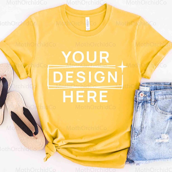 Bella Canvas 3001 Maize Yellow  Mockup, Shirt Mockup, Yellow Shirt Mockup, Flat Lay Mockup, Styled Mockup, Spring Mockup