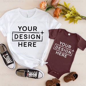 Mommy and Me Mockup, Bella Canvas 3001 Bianco, Bella Canvas 100B Heather Maroon, Mockup di famiglia, Mockup di mamma e bambino, Body, Mockup estivo