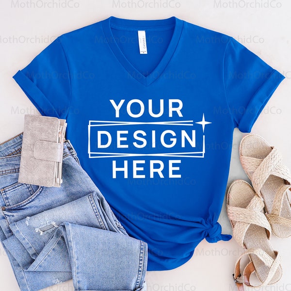 Bella Canvas 3005 True Royal V Neck Mockup, Bella Canvas 3005 Shirt Mockup, Blue Shirt Mockup, V-Neck T-Shirt, Styled Mockup, Summer Mockup