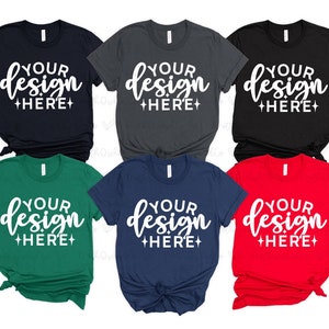 Bella Canvas Multiple Shirt Mockup 3001, Multiple Shirt Mockup, Czarny podgrzewacz, Ciemnoszary podgrzewacz, Czarny, Kelly Navy, Czerwony mockup koszuli, Płaski układ