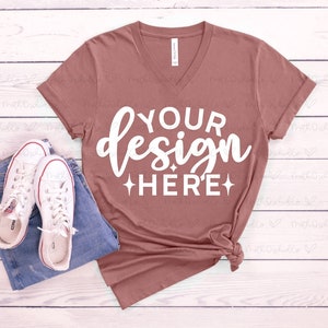 Bella Canvas 3005 Heather Mauve V Neck Mockup, Bella Canvas 3005, T-shirt Mock Up, Mauve V-Neck T-Shirt, Flat Lay Mockup, Styled Mockup