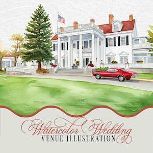 Puede incluir: Ilustraci&oacute;n en acuarela de una gran mansi&oacute;n blanca con detalles de techo rojos y una bandera estadounidense. Un coche rojo cl&aacute;sico est&aacute; aparcado en el camino de entrada. El texto "Watercolor Wedding Venue Illustration" est&aacute; en la parte inferior.