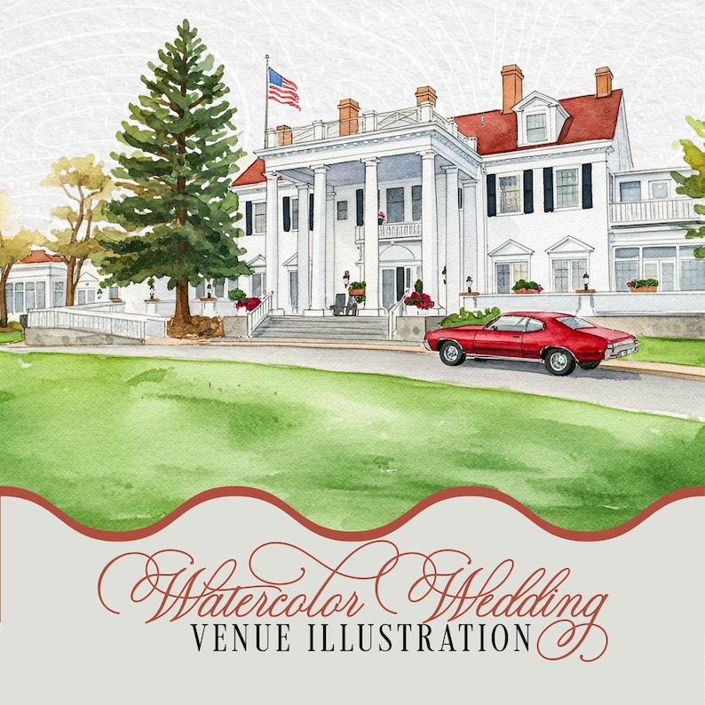 Puede incluir: Ilustraci&oacute;n en acuarela de una gran mansi&oacute;n blanca con detalles de techo rojos y una bandera estadounidense. Un coche rojo cl&aacute;sico est&aacute; aparcado en el camino de entrada. El texto "Watercolor Wedding Venue Illustration" est&aacute; en la parte inferior.