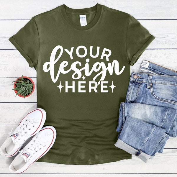 Gildan 64000 Military Green Mockup, Gildan 64000, T-Shirt Mock Up, Military Green Shirt Mockup, Tee Mockup,  Flat Lay Mockup, Styled Mockup