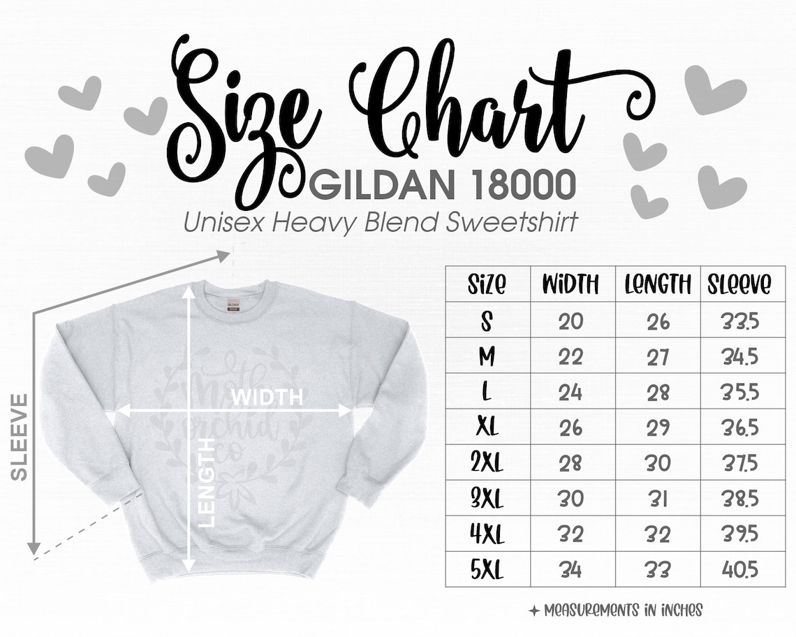 Printify Printful Size Chart for Gildan 18000 Sweatshirt Etsy