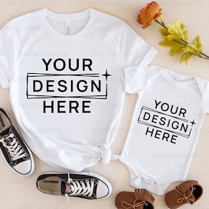 Mama und ich Mockup, Bella Canvas 3001 Weiß, Bella Canvas 100B Weiß, Familie Mockup, Mama und Baby Mockup, Bodysuit, Styled Mockup