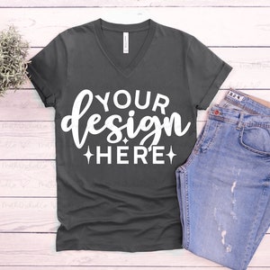 Bella Canvas 3005 Asphalt V Neck Mockup, Bella Canvas 3005, T-Shirt Mock Up, Christmas Shirt Mockup, V-Neck T-Shirt, Flat Lay, Styled Mockup