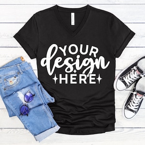 Bella Canvas 3005 Black V Neck Mockup, Bella Canvas 3005, Black 3005 Mockup, Black Shirt Mockup, Black V-Neck T-Shirt, Modern Mockups, Flat Lay