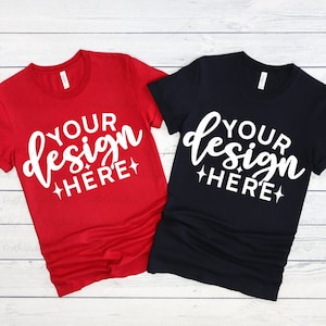 Bella Canvas Multiple Shirt Mockup 3001, Multiple Shirt Mockup, Czerwony, Czarny, Koszula Mockup, Płaski układ Mockup, Stylizowany Mockup, Letni Mockup
