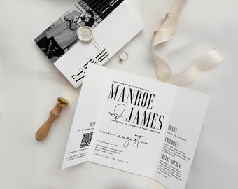 Plantilla de invitación de boda plegable, invitación tríptico minimalista en Canva (descarga digital)