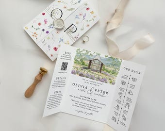Modern Watercolor Venue Wedding Invitation, Gatefold Canva Template, Custom Editable Invite