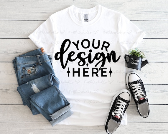 White Gildan 64000 T-Shirt Mockup: Boho Flat Lay (JPEG)
