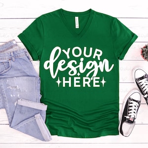 Bella Canvas 3005 Kelly V Neck Mockup, Bella Canvas 3005, T-Shirt MockUp, Kelly Shirt Mockup, Kelly V-Neck T-Shirt, Spring Mockups, Flat Lay