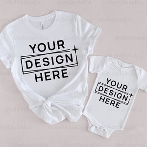 Papà e bambino Mockup, Bella Canvas 3001 Bianco Bella Canvas 100B Bianco, Mockup di famiglia, Mockup di padre e figlio, Tutina, Mockup estivo