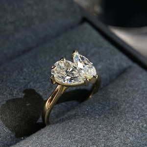 14K Yellow Gold Toi Et Moi Ring, Marquise And Pear Cut Moissanite Engagement Ring, Anniversary Ring For Her, Wedding Promise Ring For Woman