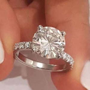 14K White Gold Round Moissanite Engagement Ring, Round Cut Solitaire With Accent Anniversary Ring, Anniversary Gift, Promise Wedding Ring