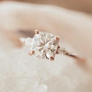 1.95 CT Cushion Cut Moissanite Engagement Ring 14K Rose Gold Anniversary Ring Three Stone Wedding Ring For Woman Promise Gift For Her
