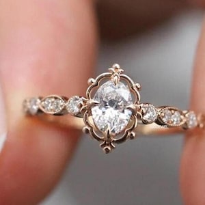 Oval Cut Moissanite Engagement Ring 14K Rose Gold Anniversary Ring Art Deco Wedding Ring Promise Ring For Her Anniversary Gift For Woman
