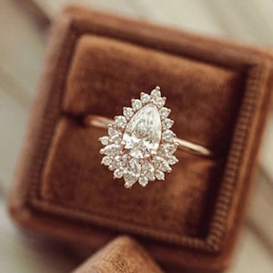 Art deco peergeslepen moissaniet verlovingsring/14K roségouden halo jubileumring/belofte bruidsring/rond geslepen diamanten trouwring