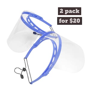 May include: Two blue plastic face shields with clear plastic visors and adjustable head straps. 2 pack for $20.