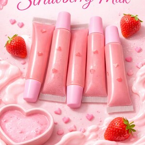 May include: Pink lip gloss tubes with pink caps are arranged on a pink background with strawberries and heart-shaped candies. The text "Strawberry Milk" is displayed in a cursive font. The image also includes icons indicating the product is hydrating, sweet scented, and ultra glossy.