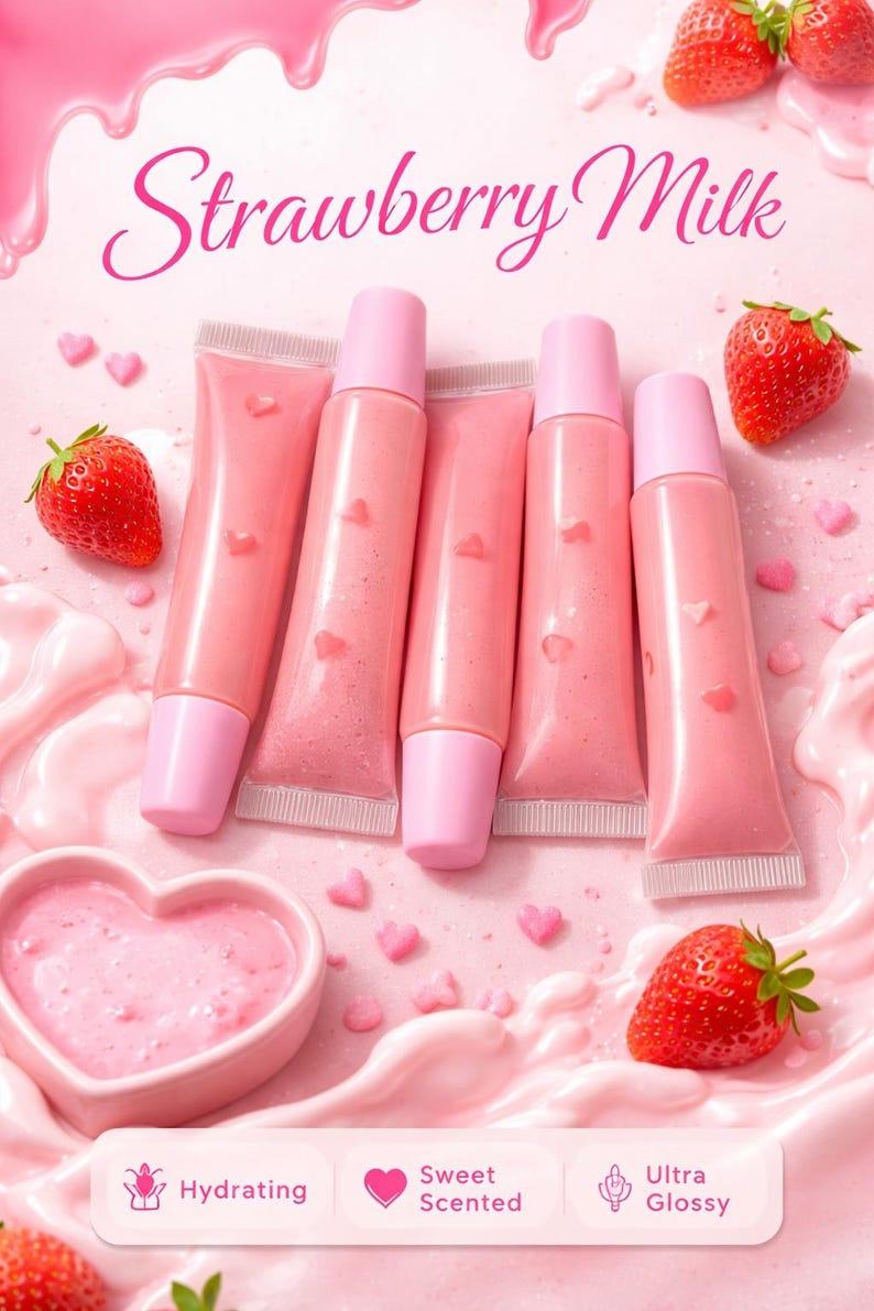 May include: Pink lip gloss tubes with pink caps are arranged on a pink background with strawberries and heart-shaped candies. The text "Strawberry Milk" is displayed in a cursive font. The image also includes icons indicating the product is hydrating, sweet scented, and ultra glossy.