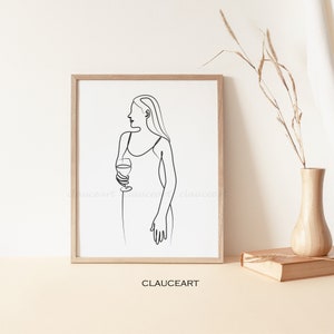 Minimalist Wall Art, Wine Woman Art Print, Wine Glass Line Art, Minimalist Wine Lover Art, Printable Wall Art, Line Art