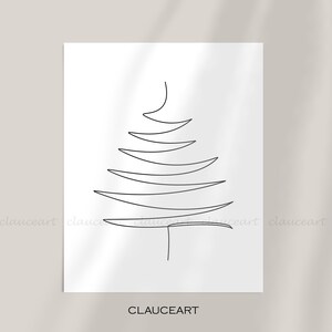 May include: A black and white line drawing of a stylized Christmas tree. The tree is drawn in a simple, minimalist style.