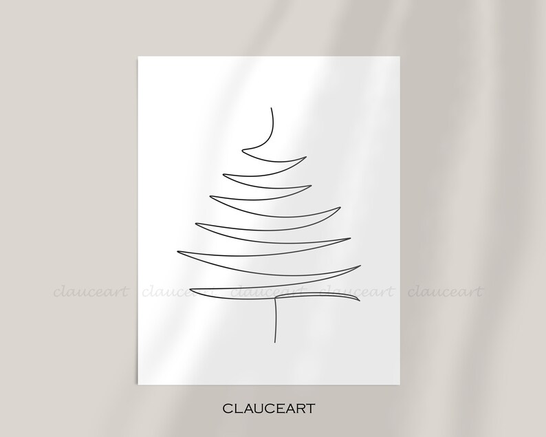 May include: A black and white line drawing of a stylized Christmas tree. The tree is drawn in a simple, minimalist style.
