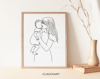 Art mural pour la maternité, dessin au trait mère, décoration murale pour chambre d'enfant, cadeau fête des mères, impression d'art au trait maman et bébé, art mural minimaliste