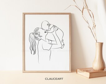 Dibujo lineal de madre, regalo del día de la madre, arte lineal de mamá y bebé, impresión de arte de pared para guardería, póster de maternidad, arte lineal para bebé