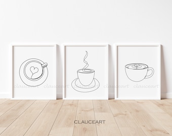 Coffee Line Art Bundle Print Set, Wall Art Set di 3 stampe, One Line Drawing, Modern Minimalist Bundle, Coffee Print Art, Kitchen Wall Décor