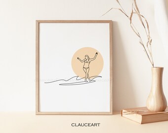Surfboard Wall Art, Surf Art, Surf Line Drawing, Minimalist Wall Art, One Line Art Print, Single Line Drawing, Printable Wall Art
