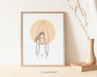 Surf Art Line Drawing, Minimalist Wall Art, Surfboard Art Print, One Line Art, Single Line Drawing, Printable Wall Art