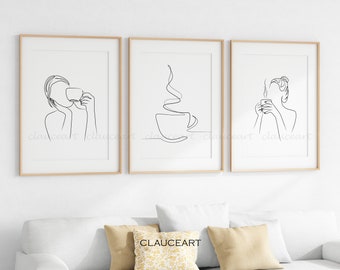 Set di stampe astratte di 3, disegno a linee di donna, arte murale da cucina moderna, arte murale minimalista, stampa artistica da bar da caffè, arte a linea singola