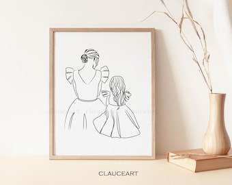 Mor och dotter linjeteckning, mamma och barn konsttryck, väggdekoration för barnrum, mors dag-present, mor och barn linjeteckning