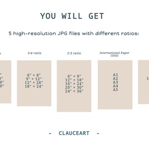 May include: A graphic showing five different aspect ratios for high-resolution JPG files. The ratios are 4:5, 3:4, 2:3, International Paper (ISO), and 11x14. Each ratio is shown with a list of common sizes in inches.