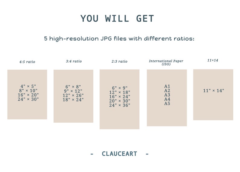 May include: A graphic showing five different aspect ratios for high-resolution JPG files. The ratios are 4:5, 3:4, 2:3, International Paper (ISO), and 11x14. Each ratio is shown with a list of common sizes in inches.