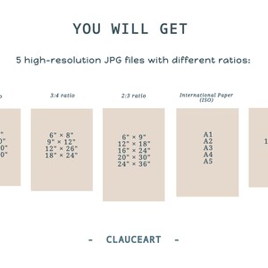 May include: A graphic showing five different aspect ratios for high-resolution JPG files. The ratios are 4:5, 3:4, 2:3, International Paper (ISO), and 11x14. Each ratio is shown with a list of common sizes in inches.