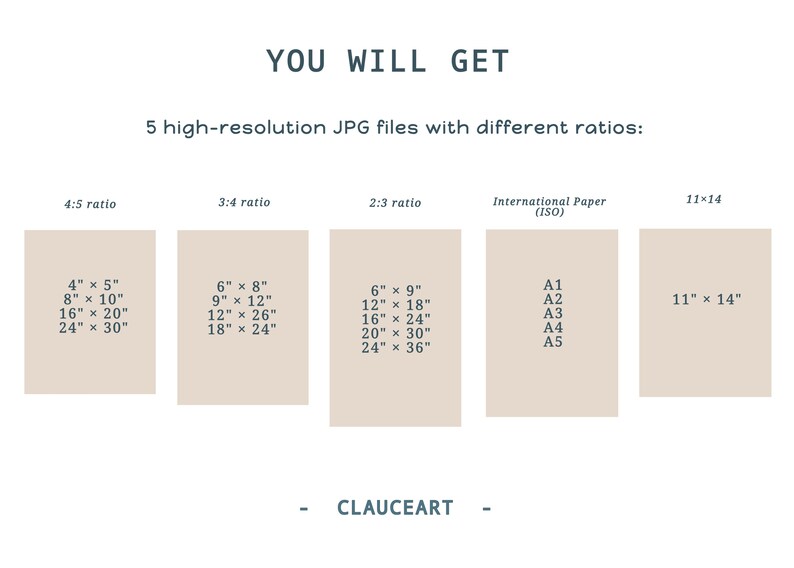 May include: A graphic showing five different aspect ratios for high-resolution JPG files. The ratios are 4:5, 3:4, 2:3, International Paper (ISO), and 11x14. Each ratio is shown with a list of common sizes in inches.