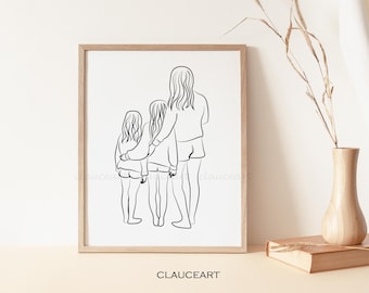 Mamma och två döttrar linjeteckningar, mammapresent, morsdagspresent, väggkonst för barnrum, moderskapsaffisch, mor och barn linjeteckning