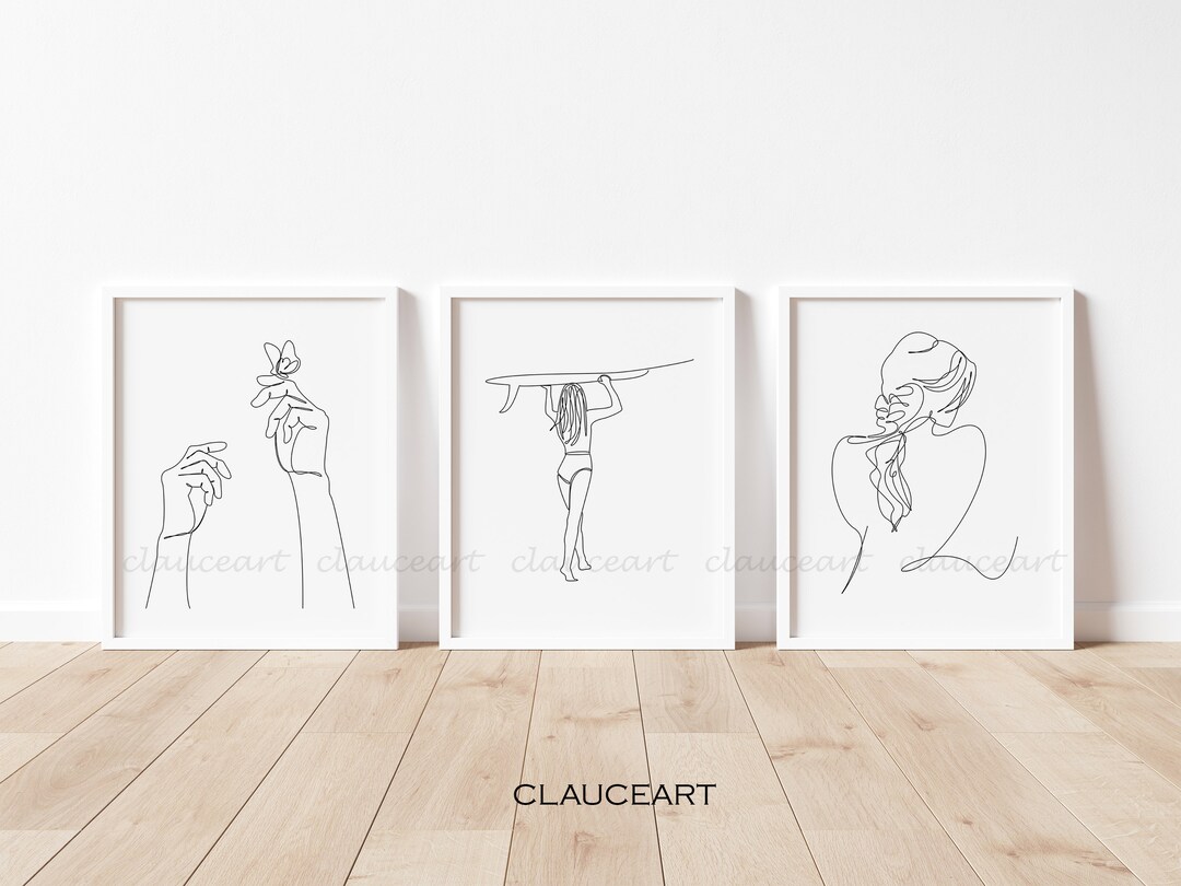 Minimalist Wall Art Set of 3 Prints, Bundle Print Set, Surf Girl Line ...