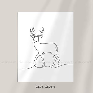 May include: Line art drawing of a deer with antlers, standing on a grassy surface. The drawing is in black and white and is a minimalist design.