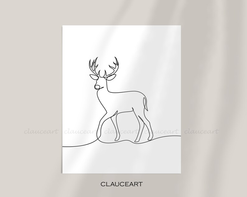 May include: Line art drawing of a deer with antlers, standing on a grassy surface. The drawing is in black and white and is a minimalist design.
