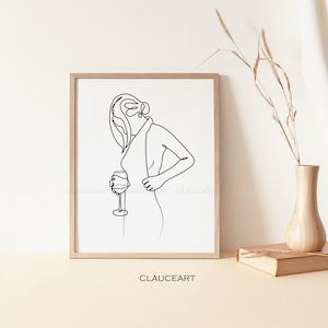Minimalist Wall Art, Wine Woman Art, Wine Line Art, Minimalist Wine Lover Art, One Line Drawing, Printable Wall Art, Wine Art